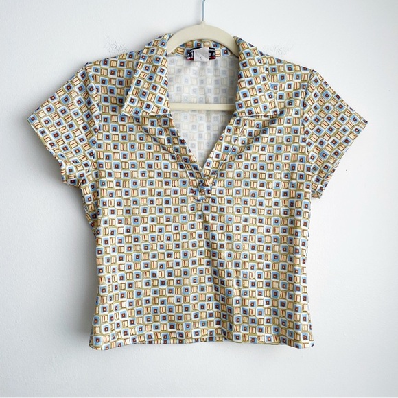 Vintage Tops - Vintage Jennys Y2k mod baby tee collared v neck colorful retro 70s polka dot S